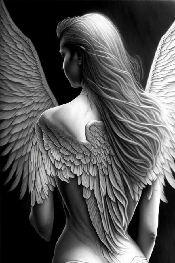 woman angel from back ultra realistic drawing