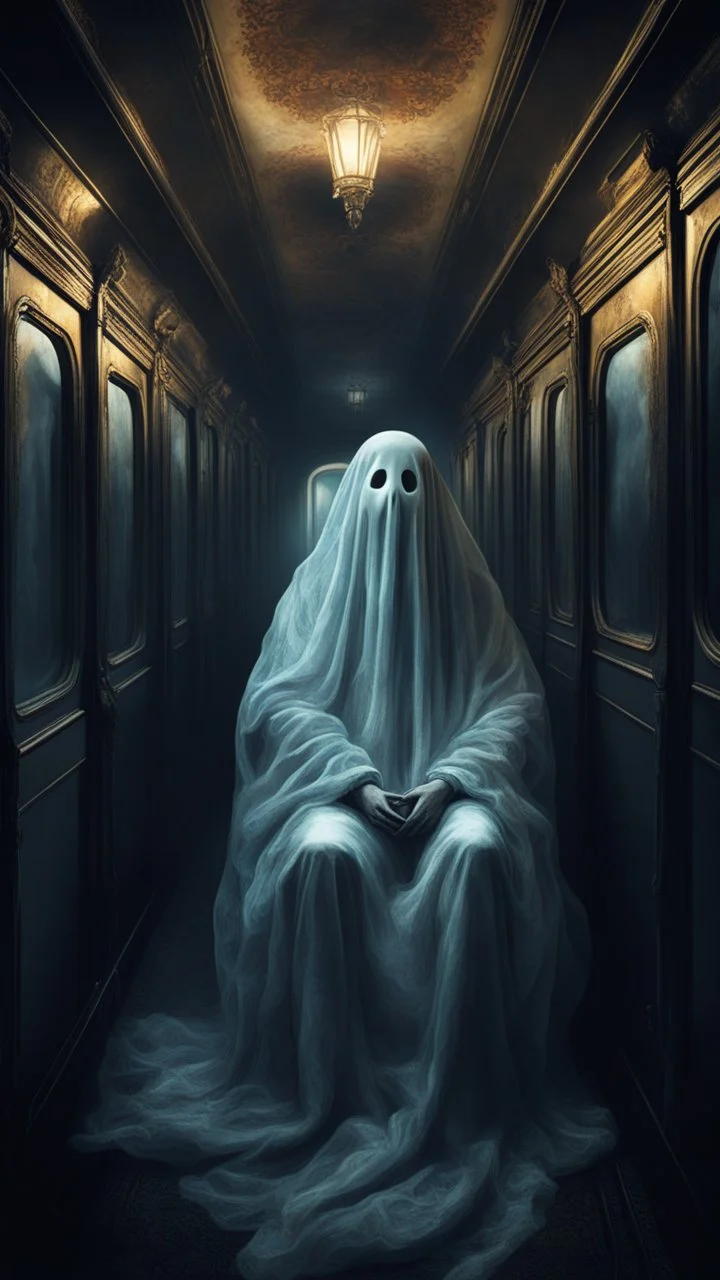 a ghost sitting alone in a sleepless night inside a dark train in a delusional state haunted by ghostly images, paint it in the baroque style, as if the man is horrified