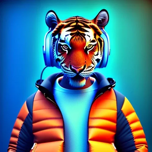 Tiger toddler, smile, cyberpunk headphone, sunglass, gangsta neckless, full body, orange puffer jacket, tokio background, dramatic lighting, hyper realistic, unreal engine 5, 16k