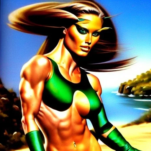 Voluptuos beautiful atletic woman with green eyes in armor bikini Boris Vallejo Style