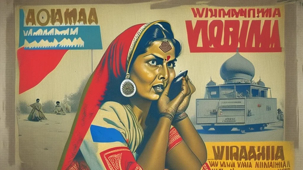 indian lady on phone with warning poster of russian warpropaganda