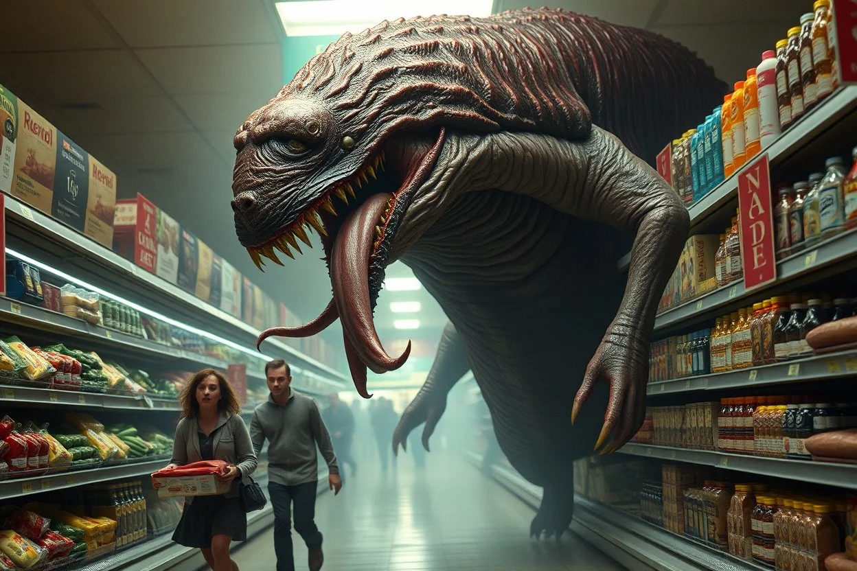 A horrific giant monstrosity abomination monster with sharp teeth, long tongue, grotesque body of slime, giant worm rodent hybrid, chasing grocery store employees down the isle, chaos and horror, cinematic body horror