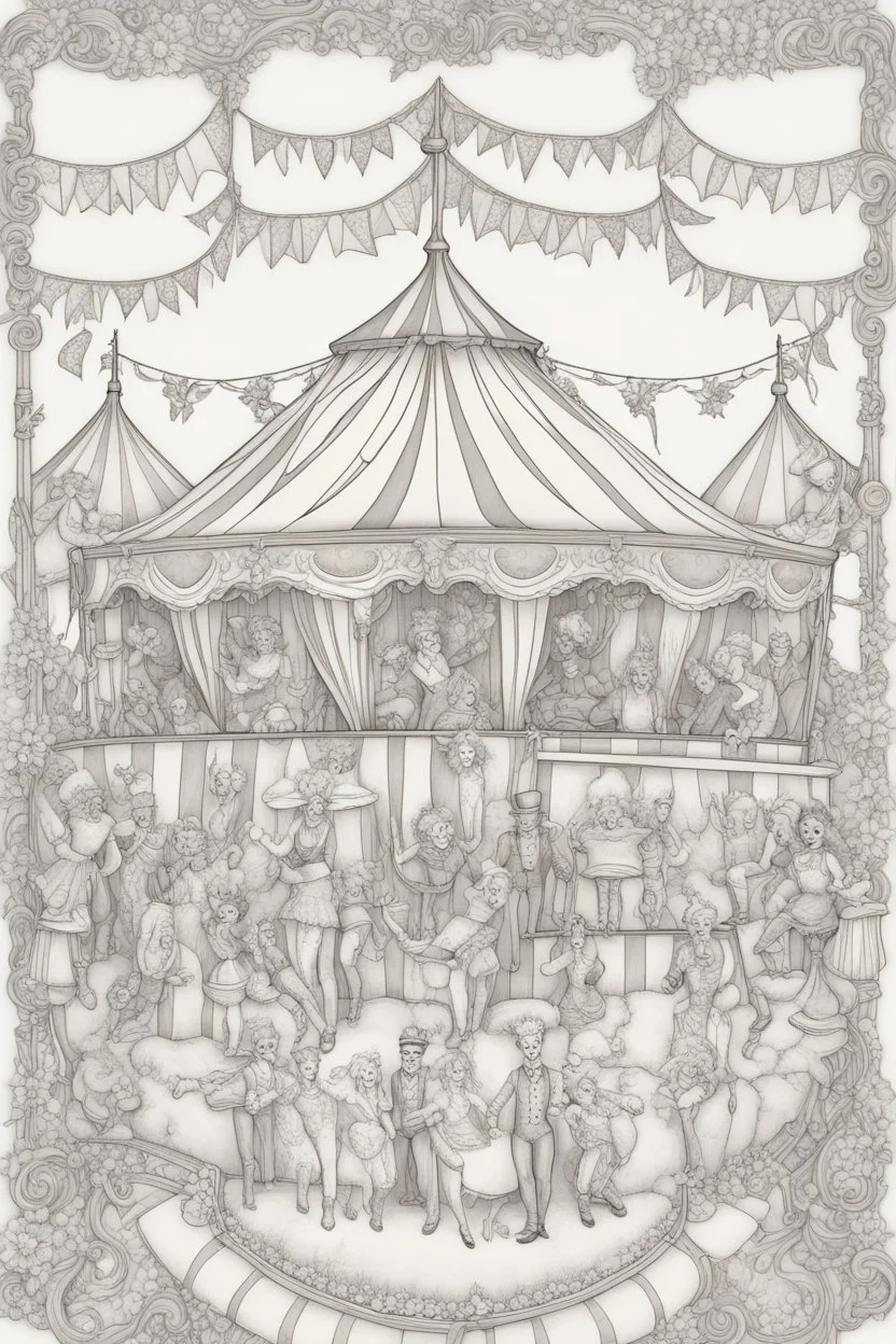 Coloring book page:: Circus: A whimsical illustration of a circus tent with acrobats, clowns, and a ringmaster:: high detail adult coloring book page thin black lines white background, 1 bit line art coloring book, only draw outlines, crisp, thick outlines, use up the entire screen, outline art, storybook illustration –no noise, book, logo, page, letters, words, markers, grayscale, –no black background –ar 3:4 –v 4