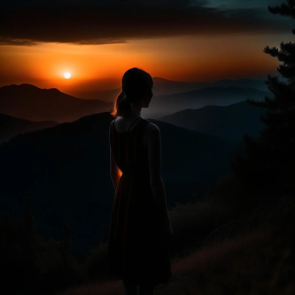 dark night, watching a woman from behind wearing a sleeveless dress who is watching a beautiful orange sunrise in the distance, mountains and forests around