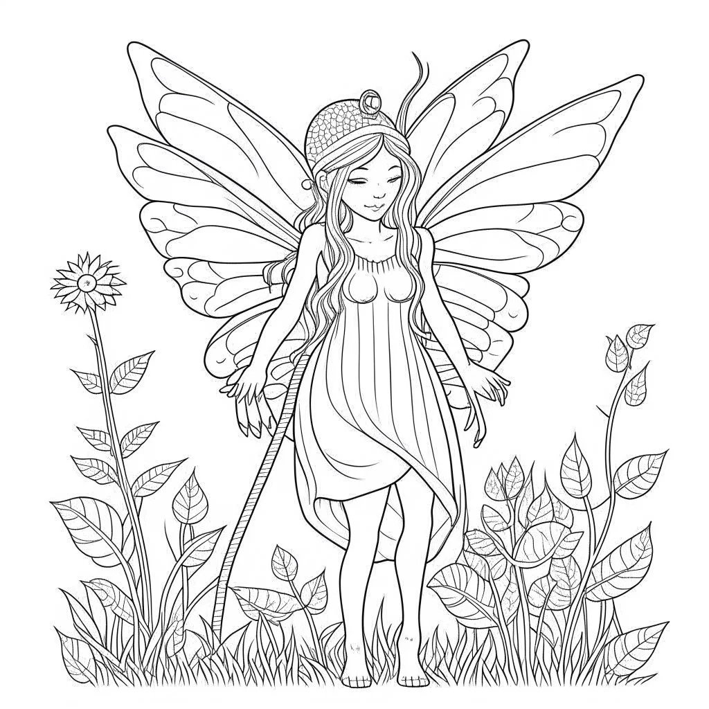 FAIRY, full view, realistic, coloring page, only draw lines, coloring book, clean line art, wildlife-inspired, kid style, –no sketch, color, –ar 3:4, white background, minimalistic black lines, 8k, minimal black color, low level black colors, coloring page, use pure black and white colors, avoid thick black colors, thin black line art, avoid colors, perfect shape, perfect clear lines, clear edges,