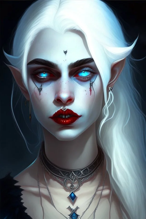 hauntingly beautiful character for dnd, young vampire woman with white hair, white eyebrows and blue eyes, angel, with moon necklace, lips slightly parted showing fangs, vampire