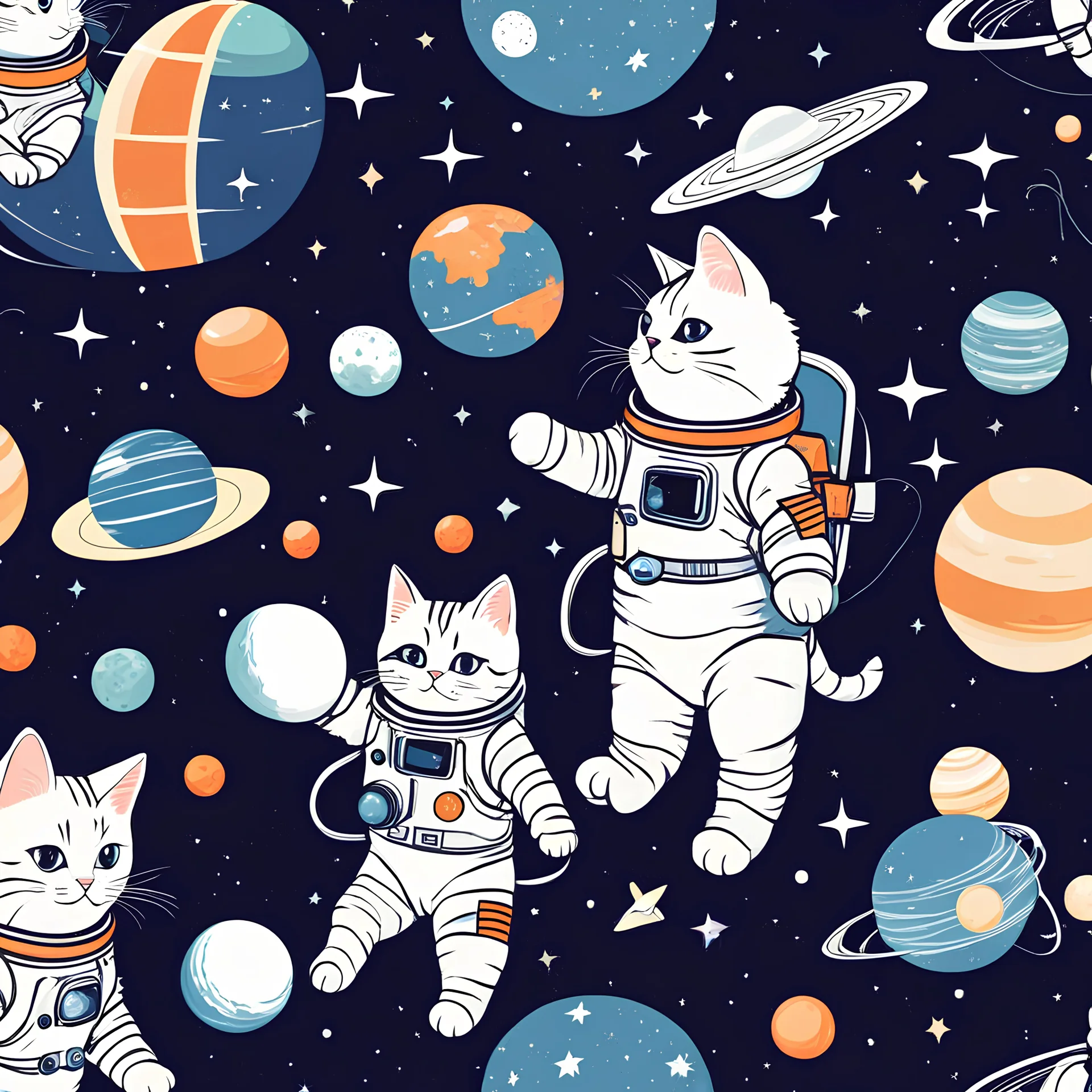 Astronaut cats, seamless pattern, vector, hand drawn, cartoon like. Cats in astronaut suits, playing with ball, flying in space, planets and galaxies.