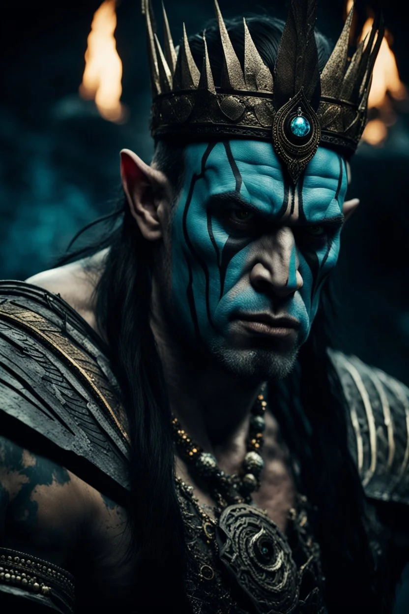 portrait of an orc king with pale skin. scar running across one eye. Tribal Tattoos Dark hair and ice blue eyes. His look is sad. Half of his head is shaved. wearing jewellery. High resolution. 4K. 8K. Dark Fantasy style. Cave in the background