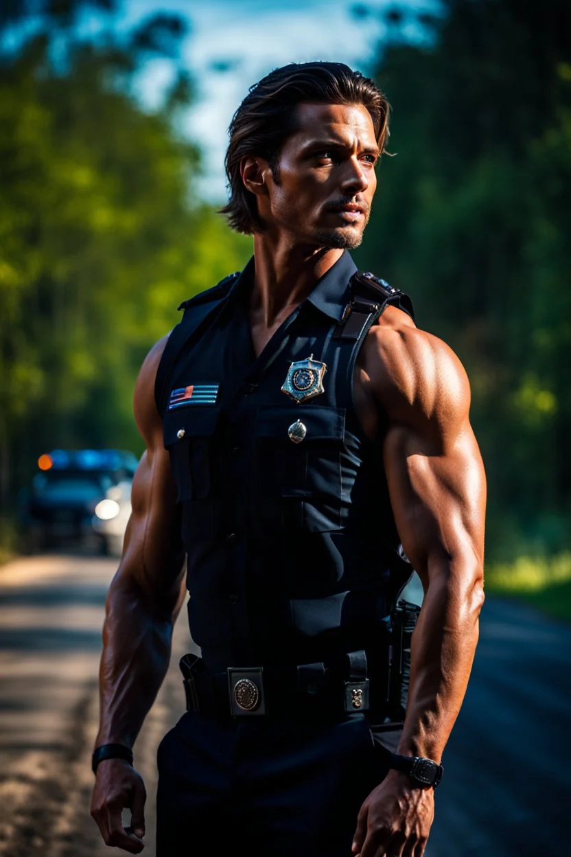 handsome muscular male police officer age 25 with shoulder length hair and a goatee. Standing by the roadside. Trees in the background. Photorealistic. 4K. Dark Romance