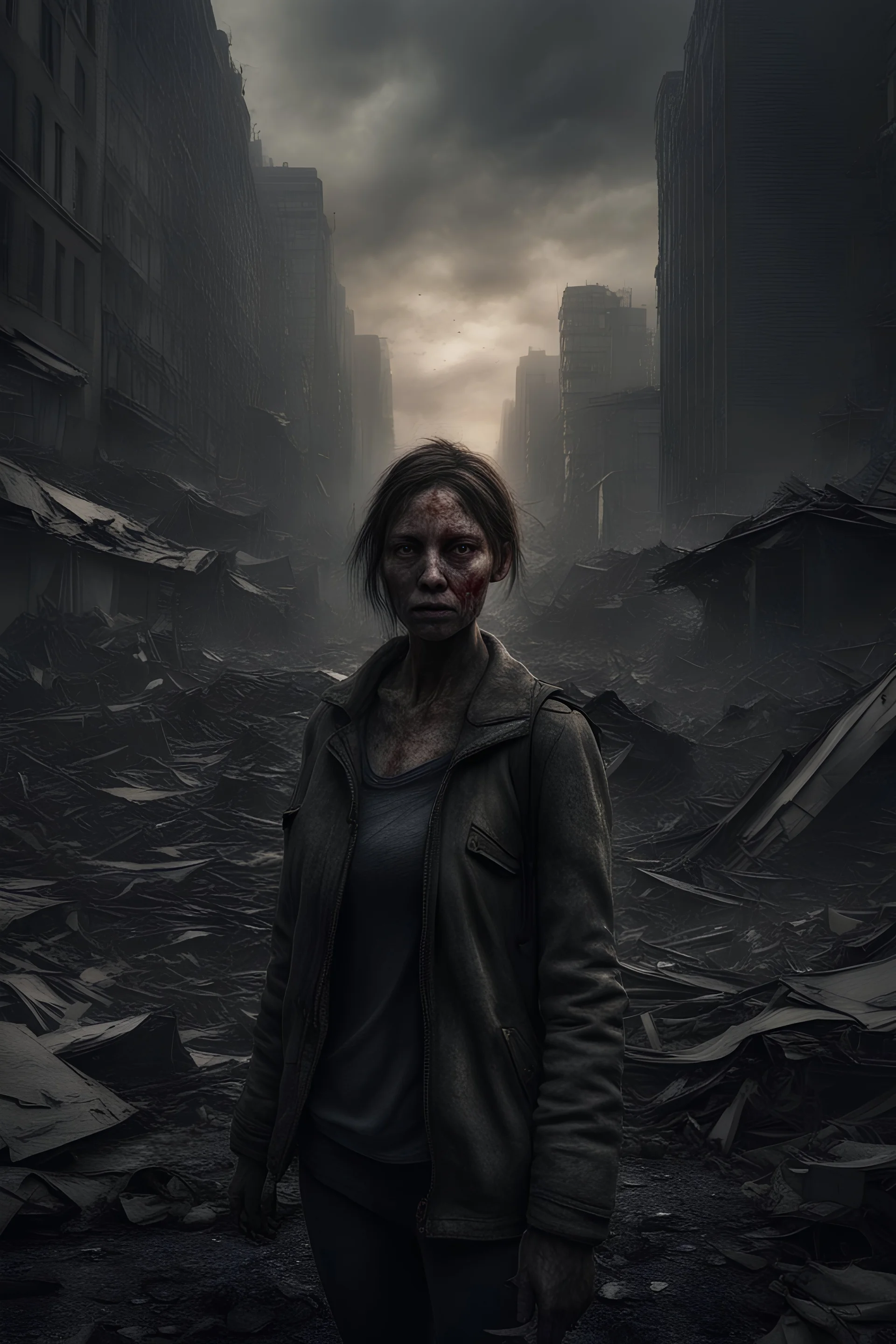 An extremely detailed and realistic selfie by a civilian facing her death in an apocalyptic aftermath in a city after a full scale nuclear war in the year 2024 :: dark, horrifying, death, ultradetailed, photorealism, 8K, 3D, Octane Render, HDR