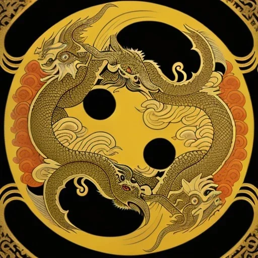 Ukiyo-e styled art, yin and yang sign,dragons