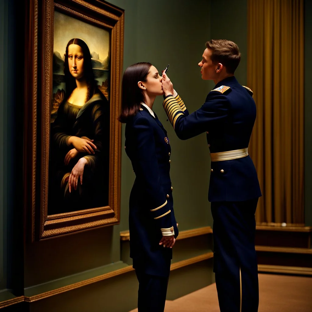 Mona Lisa comes out of the picture and kisses a young navy officer who is standing in the museum looking at her picture