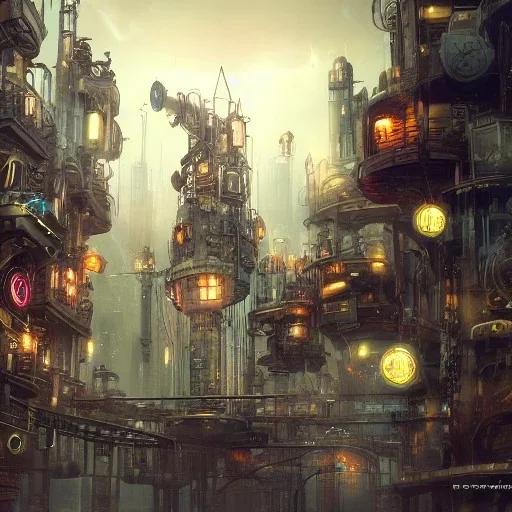 Dystopian, steampunk, cityscape, high resolution, glossy, mickey mouse