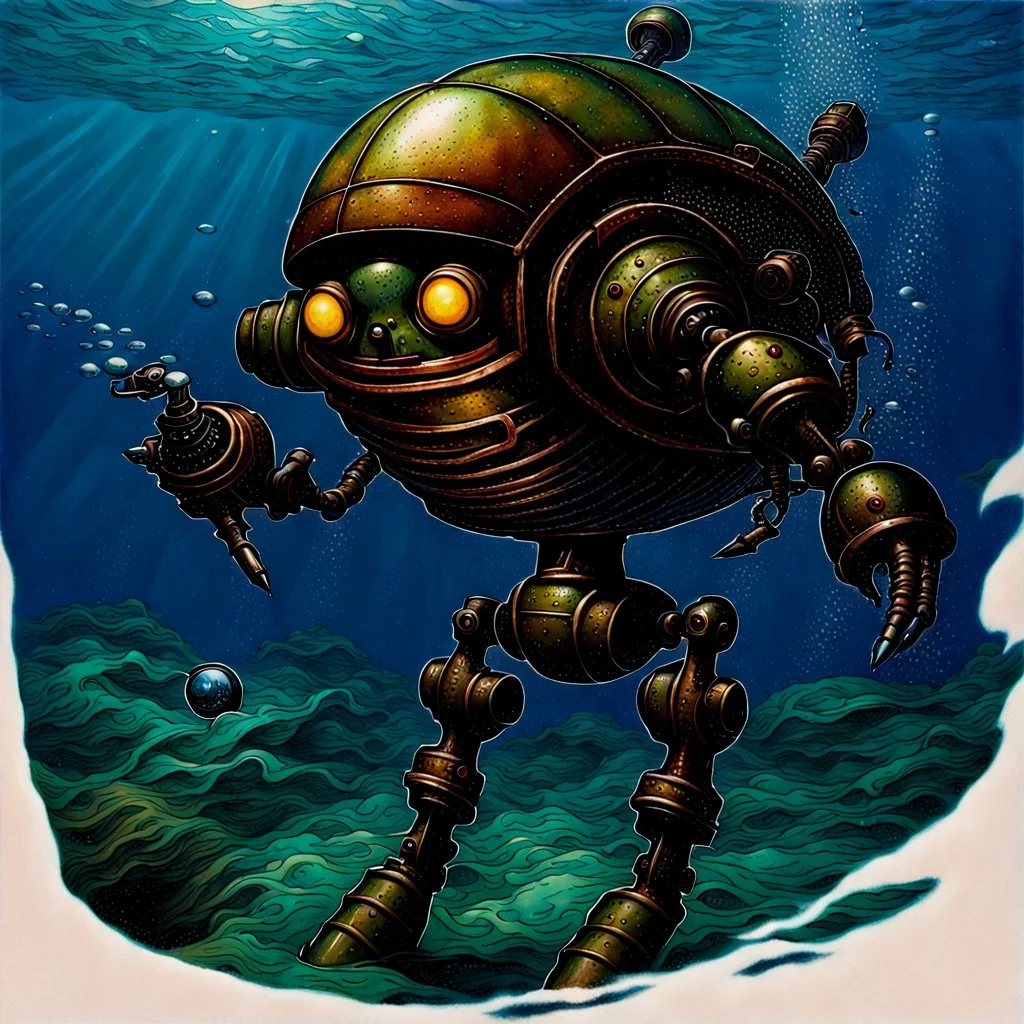 90's TCG fantasy artwork art of nautilus robot underwater