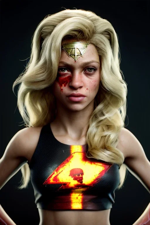 portrait, Shakira, blonde, angry, Realistic image, superhero, retro, watchmen style, gold make-up, blood, sweat, fog, goddess. Black background, photo studio, concept art, smooth, unreal engine 5, god lights, ray tracing, RTX, lumen lighting, ultra detail, volumetric lighting, 3d, finely drawn, high definition, 4k.