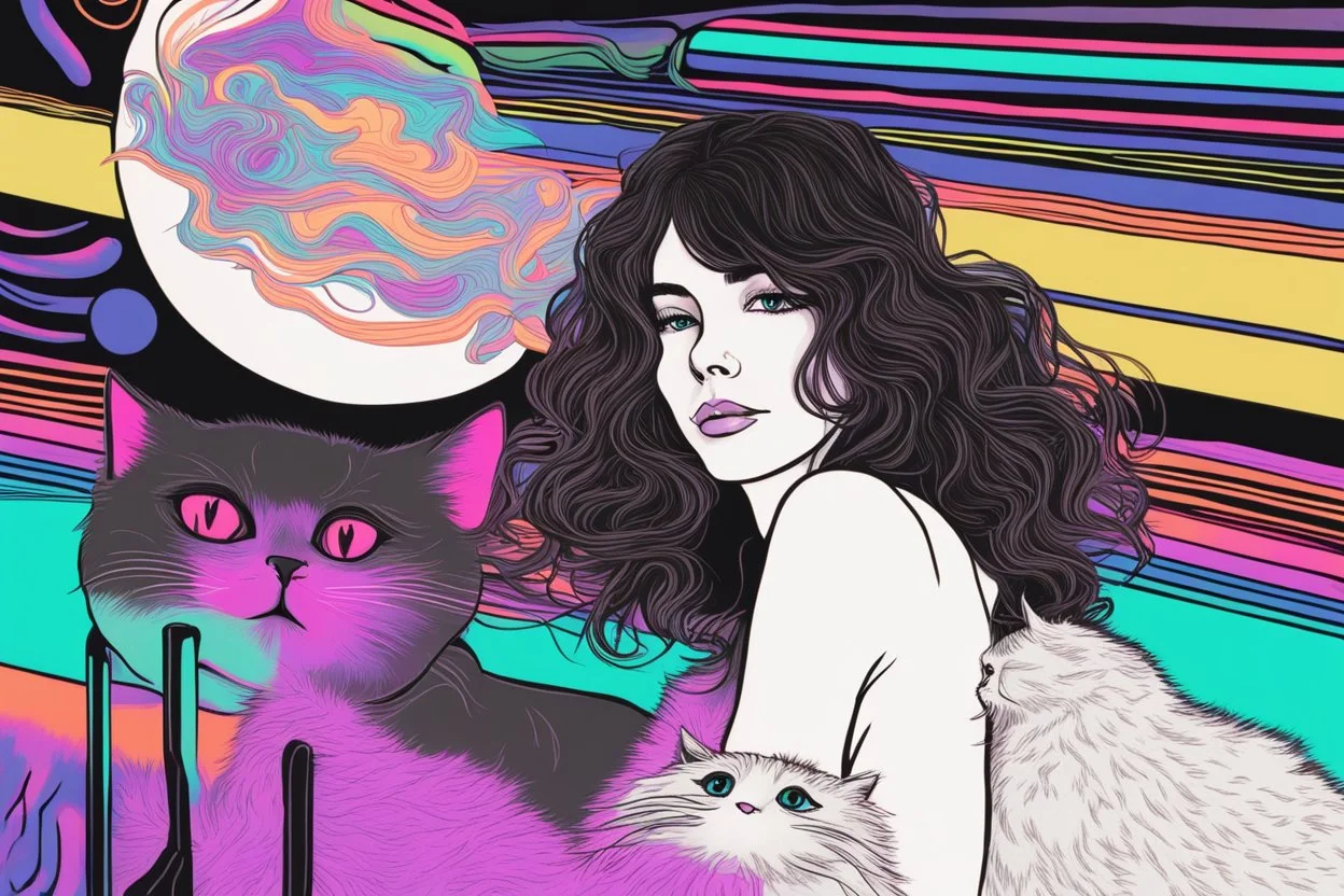 black light art, neon lines, contented brunette woman with fluffy kitten seeking something in the distance