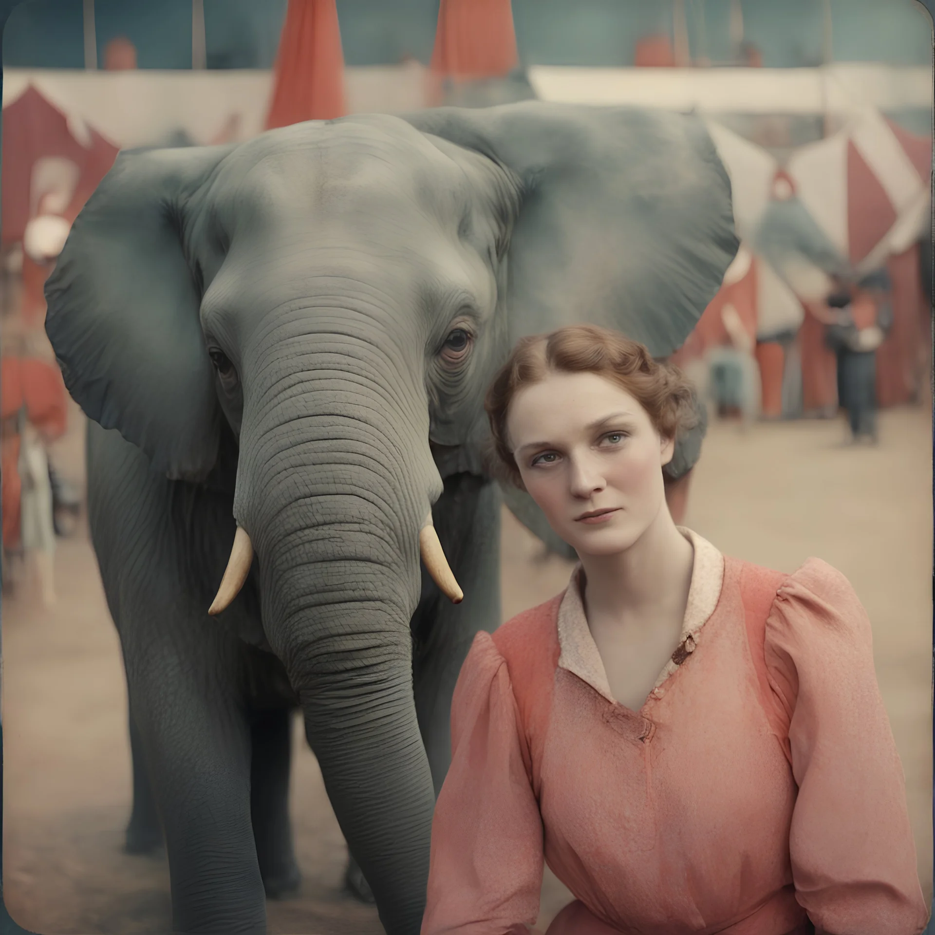 A woman , freckles, with an elephant, at the circus,, autochrome, pink, red orange,, golden