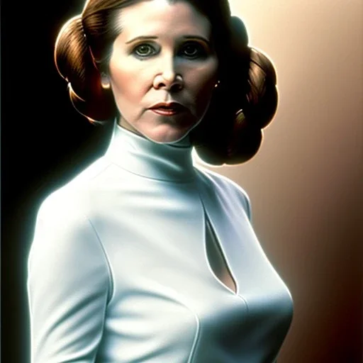 half-length color photo shoot, three-quarter face pose of carrie fisher as Princess Leia with realistic fine and very simple short hair, entrancing deep brown eyes, Intricate, High Detail, Sharp focus, realism, beautiful and detailed lighting, Nikon D850, ef 85mm 5.6 by Annie Leibovitz