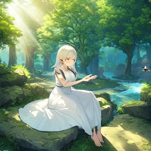 anime girl meditating pose, rock trees, birds, creek, very gorgeous anime girl dressed in white dress, very detailed, trees, birds flying, green trees, creek meditation pose, sitting on a rock, with rays of sun peaking through the trees, very detailed on hands and facial features