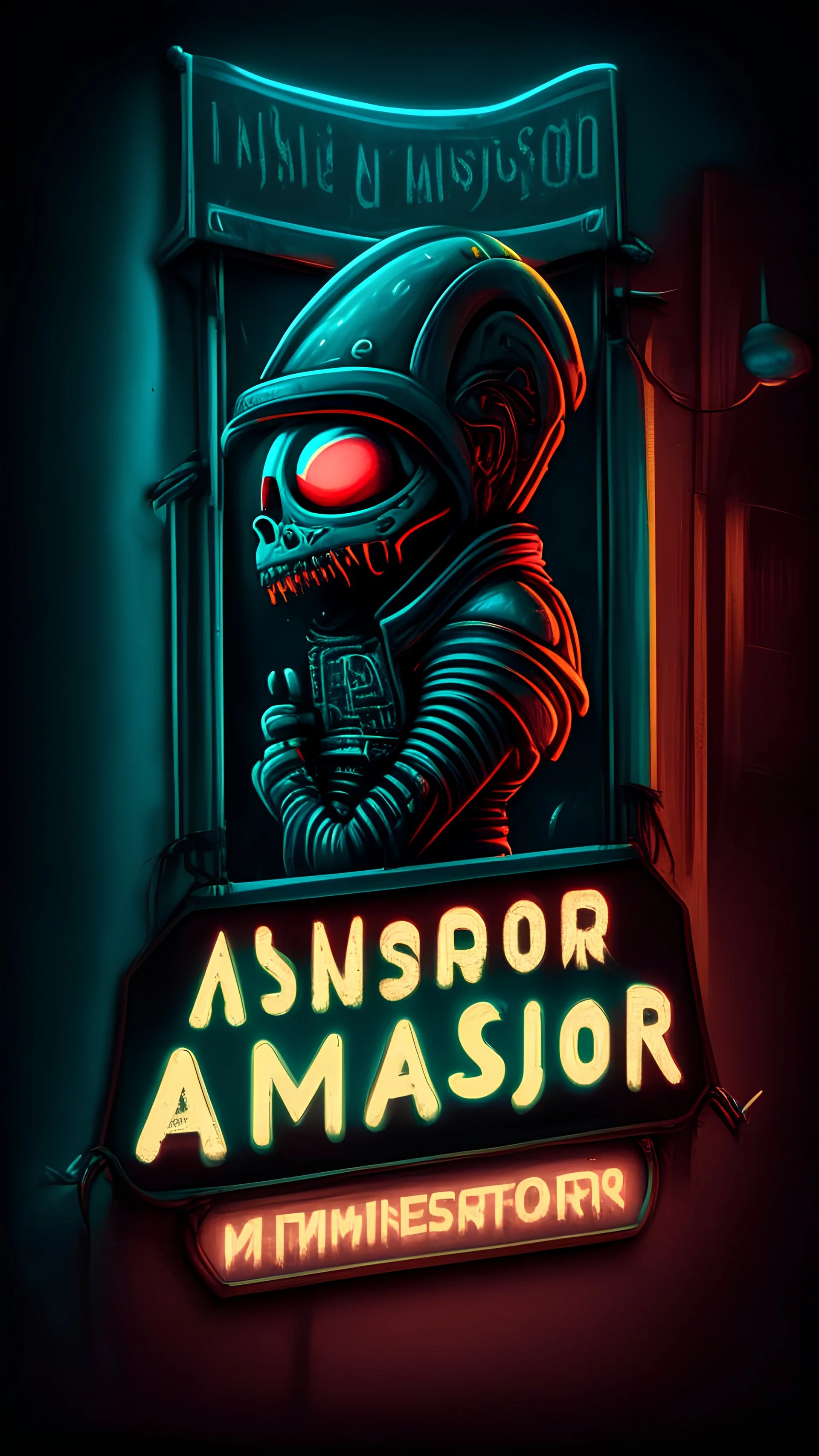 Little ambassador tattoo shop sign, banner, intergalactic, sci-fi, neon,retro, alien in hoodie, iron maiden style,