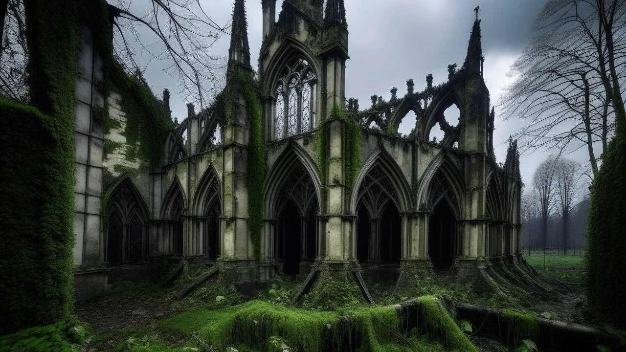 REMAINS OF A DESTROYED GOTHIC CATHEDRAL WORN BY TIME AND POISONOUS GROVE IVIES, ON A DARK DAY, GOTHIC STYLE, MYSTERIOUS AND EVOCATIVE