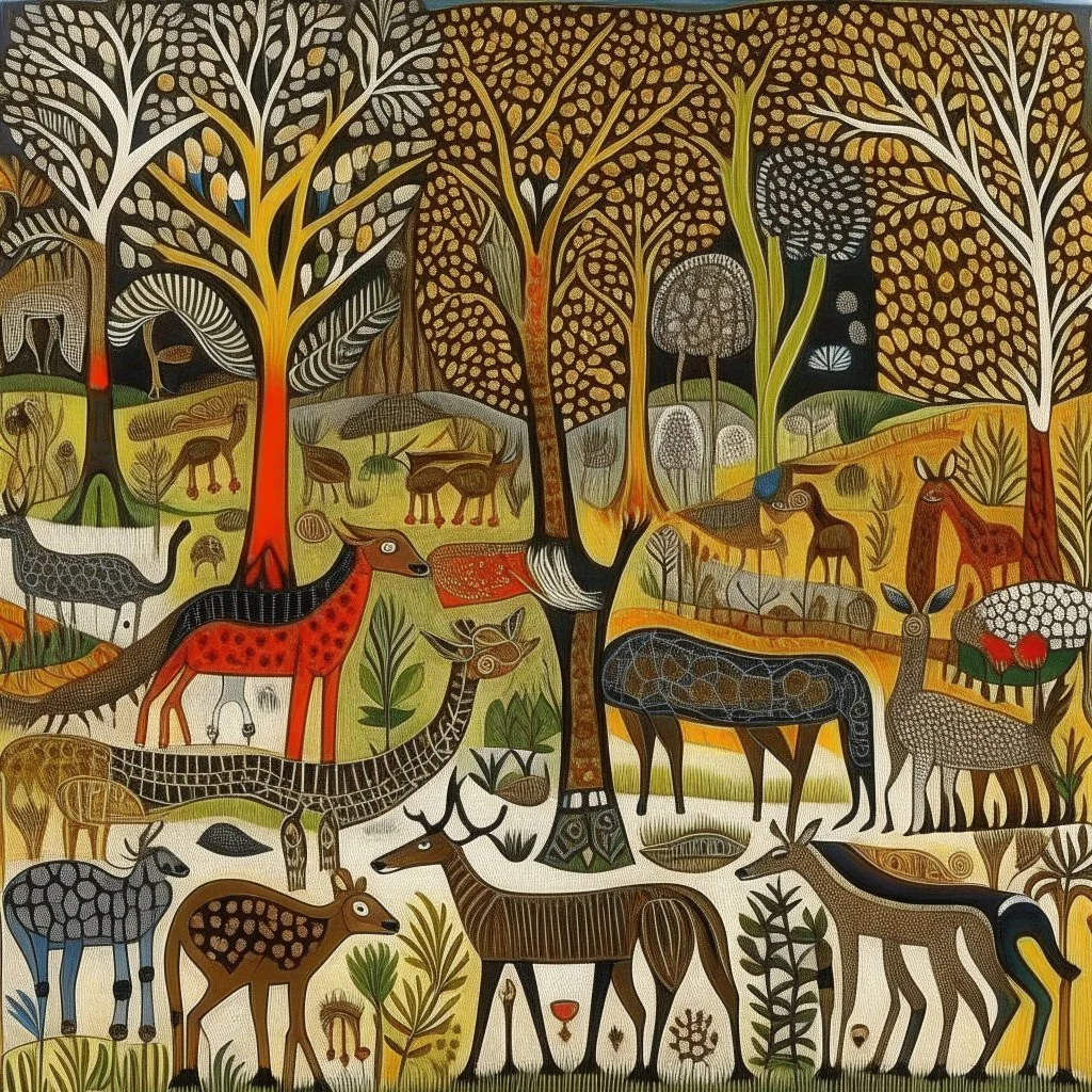 Woods filled with animals in Aboriginal art