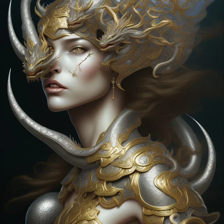 sango fantasy, fantasy magic, intricate, sharp focus, illustration, highly detailed, digital painting, concept art, matte, artgerm and paul lewin and kehinde wiley, masterpiece silver dragon head golden Asian nice breast Afo woman black waves