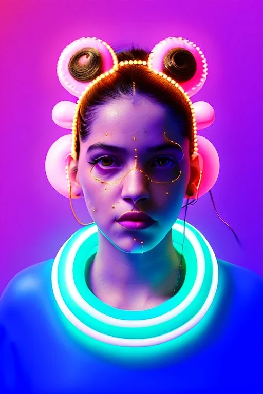 Rosalía, artist, 30 years old, Realistic, waist up portrait. Eyes, make up, glow, circle iris, eye liner. Hair, pigtails. make up, glow. lips, gold. big rings piercing, led ornament, pearls. Coat, smile pin, inflatable latex, cold, led lights, minimal, neon, pink, blue, gold, vibrant color, highly detailed, art stations, concept art, smooth, unreal engine 5, god lights, ray tracing, RTX, lumen lighting, ultra detail, volumetric lighting, 3d, finely drawn, high definition, 4k.