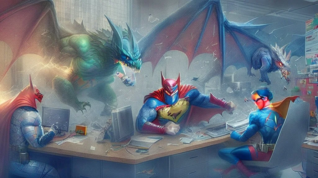 Superheros in the workplace taking down dragons