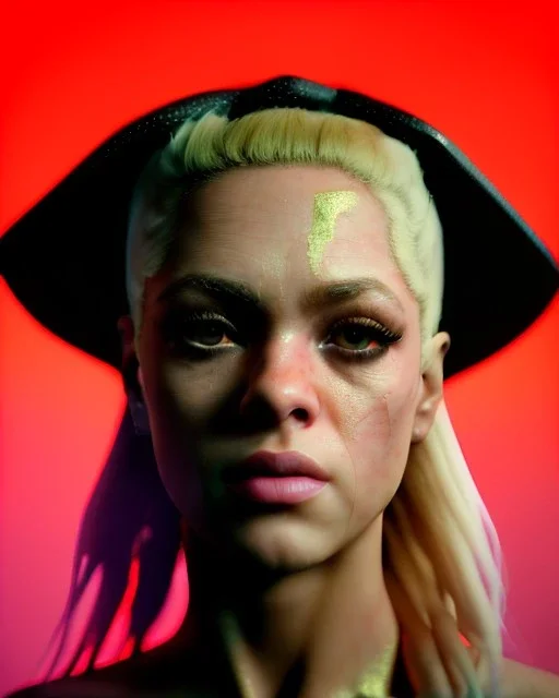 portrait, Shakira, blonde artist, angry, Realistic image, MMA robe, hoodie, mma gloves, fight pose, make-up make-up, gold line make-up, sweat, fog, goddess style, Neon colors, leds. Black background, photo studio, concept art, smooth, unreal engine 5, god lights, ray tracing, RTX, lumen lighting, ultra detail, volumetric lighting, 3d, finely drawn, high definition, 4k.