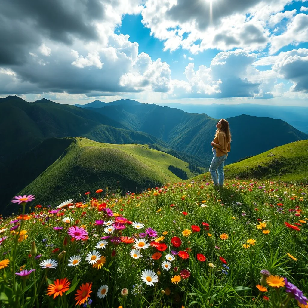 beautiful Green hills covered with flowers colorfull ,blue sky heavy clouds with godray ,very nice flowers at closeup ,wonderfull mountains at distance,beautiful lady clibming at hills full body shot