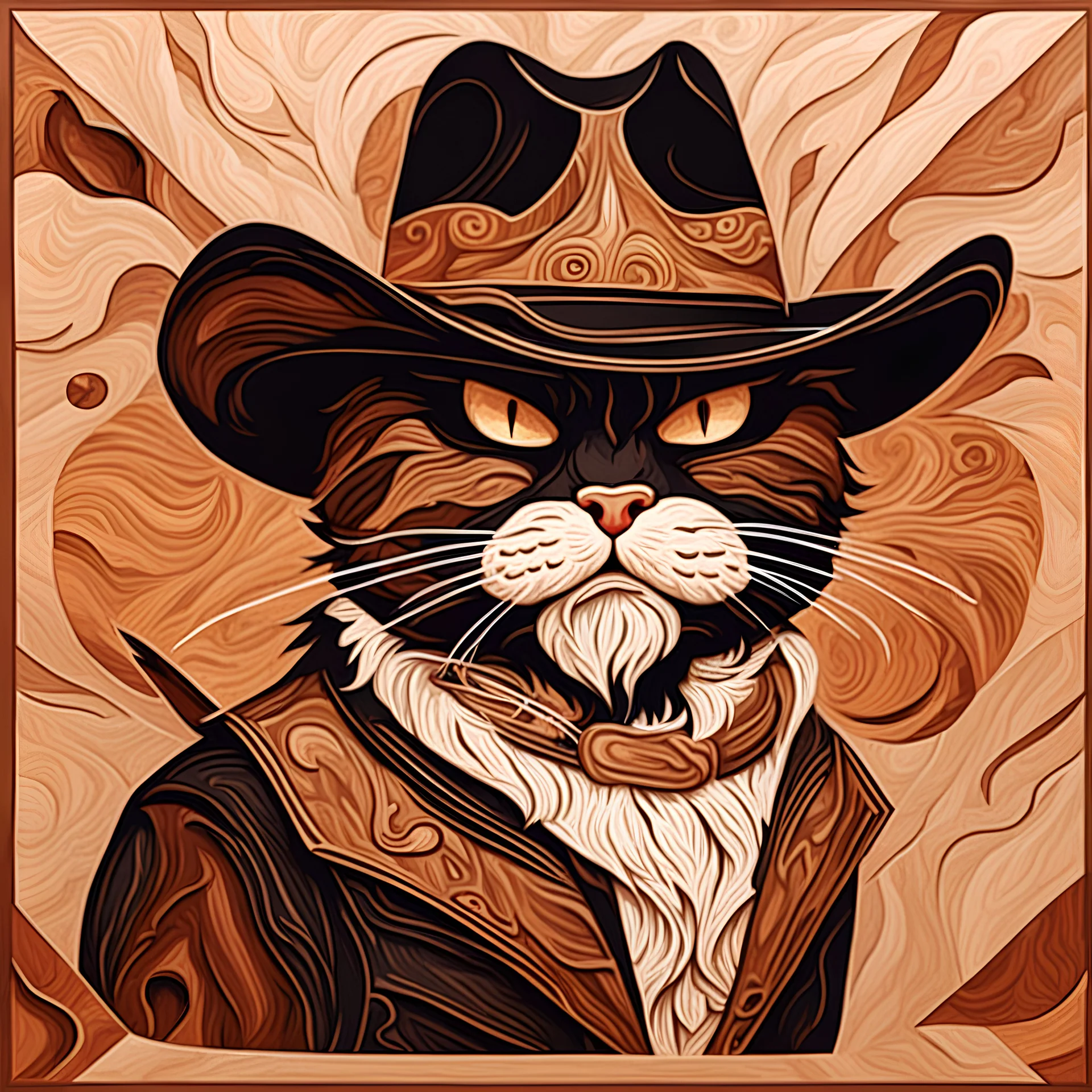 angry cowboy cat in marquetry art style