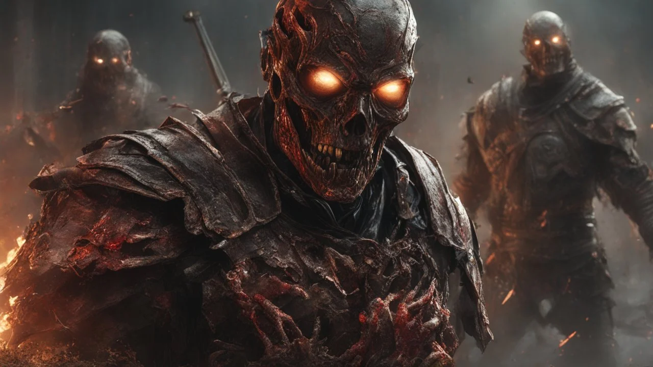 a burning rotting zombie. carnage. black mist in the eyes. armor melted into the skin. blood. broken bones. bleeding eyes. broken fangs. broken jaws. broken armor. gloves.intense horror. blind terror. scared to death. no weapons. no helmet. a masterpiece, fantasy concept art, dynamic lighting, hyperdetailed, intricately detailed, deep color, Unreal Engine, volumetric lighting, Epic cinematic brilliant stunning intricate meticulously detailed dramatic atmospheric maximalist digital matte painting