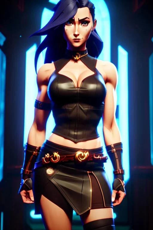 j.scott campbell, serena from mortal kombat, full head to toe portrait, lathe build, wearing black and red mini skirt, thigh high boots and crop top, big eyes, 3/4 look, long black hair with red streak, small up turned nose, large breasts, small waist, round butt, standing, dark cobblestone alley, one halo white light behind head, non photorealistic rendering