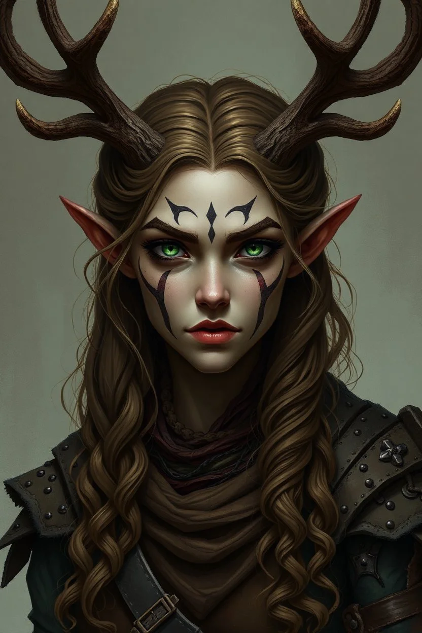 A female fantasy warrior with antlers, olive toned skin, long brown curly hair, green eyes. Quirky face with some type of markings. Grimdark realistic style