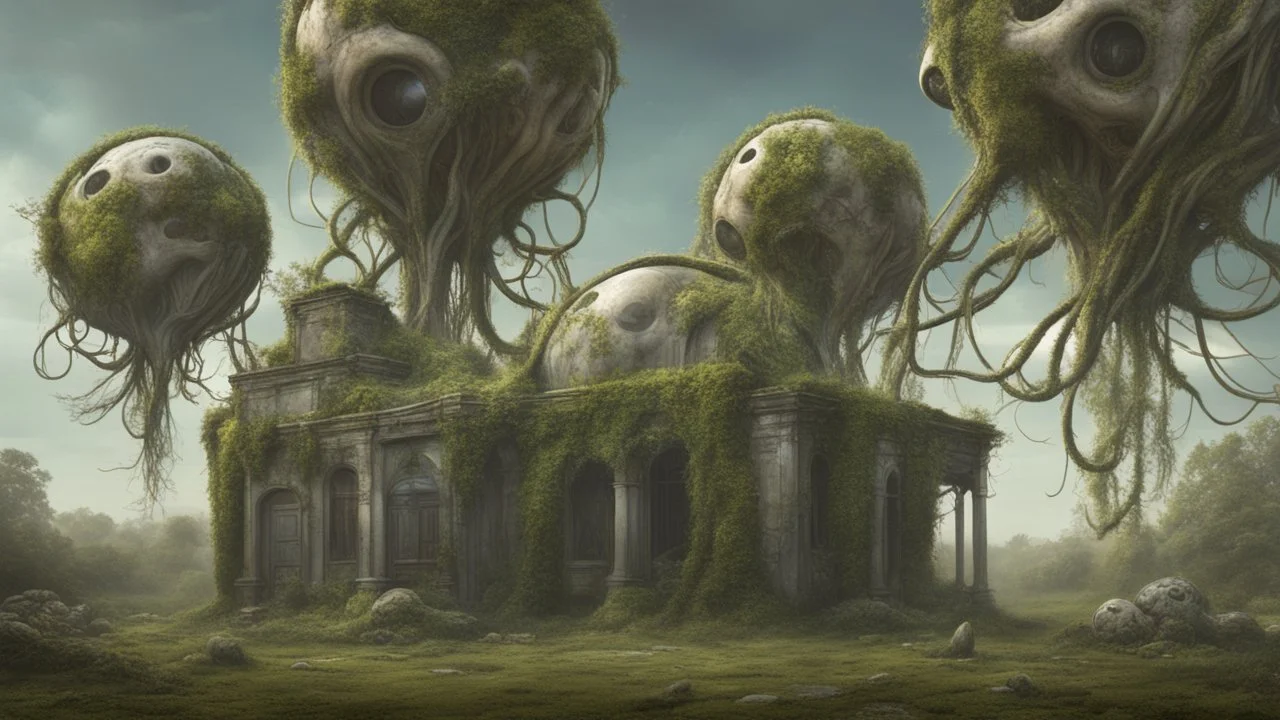 floating alien balls with tentacles, rampant foliage, vines, Spanish moss, next to a derelict alien building, photorealistic, surreal detail