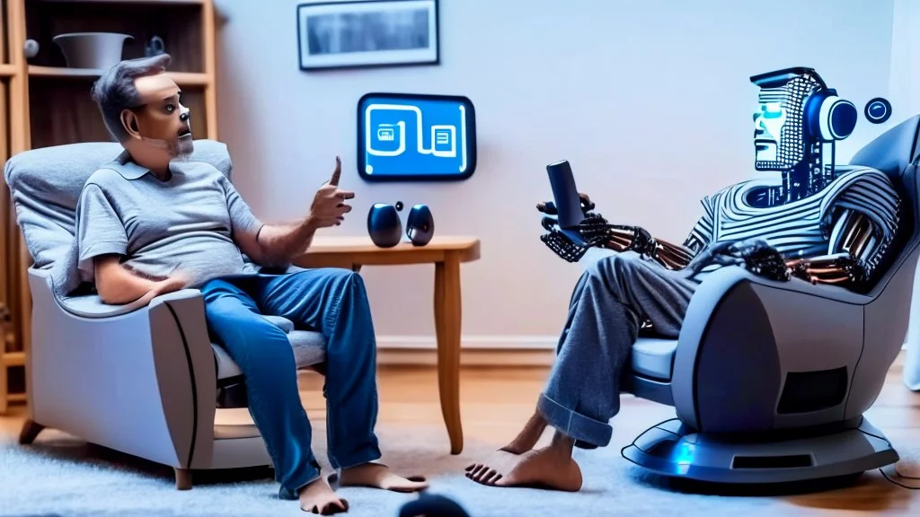 man sitting in his lazy boy chair at home argues with his AI clone that is in a different location over the phone