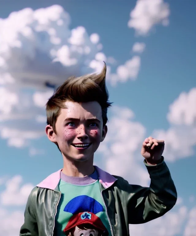 Ultra realistic clouds sky scene, medium shot view, portrait, sweet Peter Pan Childs, free jumping flying, trinkets, monster hair, jelly beans, inflatable helmet, smile, happy, Wes Anderson style, inflatable color clothing, extreme, wind, clouds sea, 20,000 feet altitude, stratosphere, soft color, highly detailed, unreal engine 5, ray tracing, RTX, lumen lighting, ultra detail, volumetric lighting, 3d, finely drawn, high definition, high resolution.