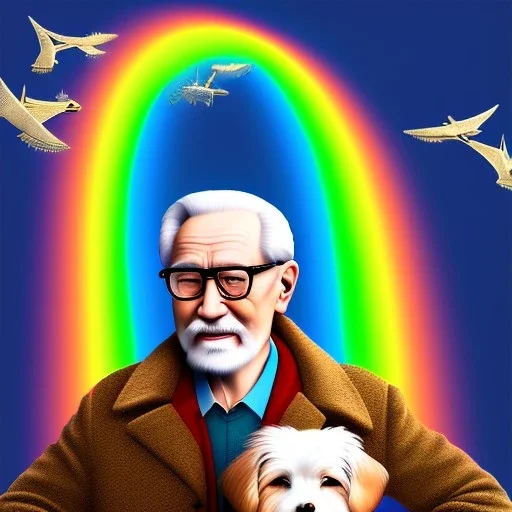 old man with glasses, with dog, on the rainbow bridge