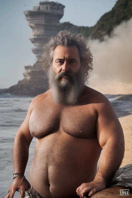 photography of a sicilian baywatcher burly sweat chubby 44 years old , swimwear, manly chest ,tattoo, curly hairs, long beard, relaxing on a beach at midnight , illuminated by bonfire, photorealistic, 8k, Canon EOS, 35mm lens, , unreal engine, greg rutkowski, loish, rhads, beeple, makoto shinkai and lois van baarle, ilya kuvshinov, rossdraws, tom bagshaw, alphonse mucha, global illumination, detailed and intricate environment