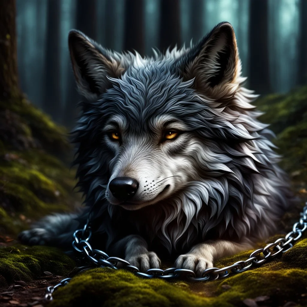 sad small scruffy wolf with a chain around its neck laying down eyes closed, photorealistic, dark fantasy, forest