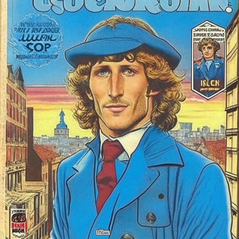 A 1980 medieval london comic cover of uruguayan sky-blue football magazine. At the street city. Diego Forlan is sherlock holmes.