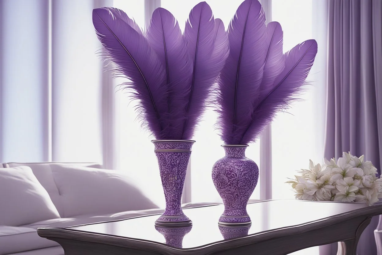 a beautiful, lifelike feather bouquet in purple with a lifelike eye in the centre in a beautifu vase in an elegant room S<AI Nikon D850 highly detailed digital painting sharp focus elegant intricate photorealistic 4k very attractive beautiful dynamic lighting award winning fantastic view crisp quality Unreal Engine very cute cinematic postprocessing acrylic art in sunshine