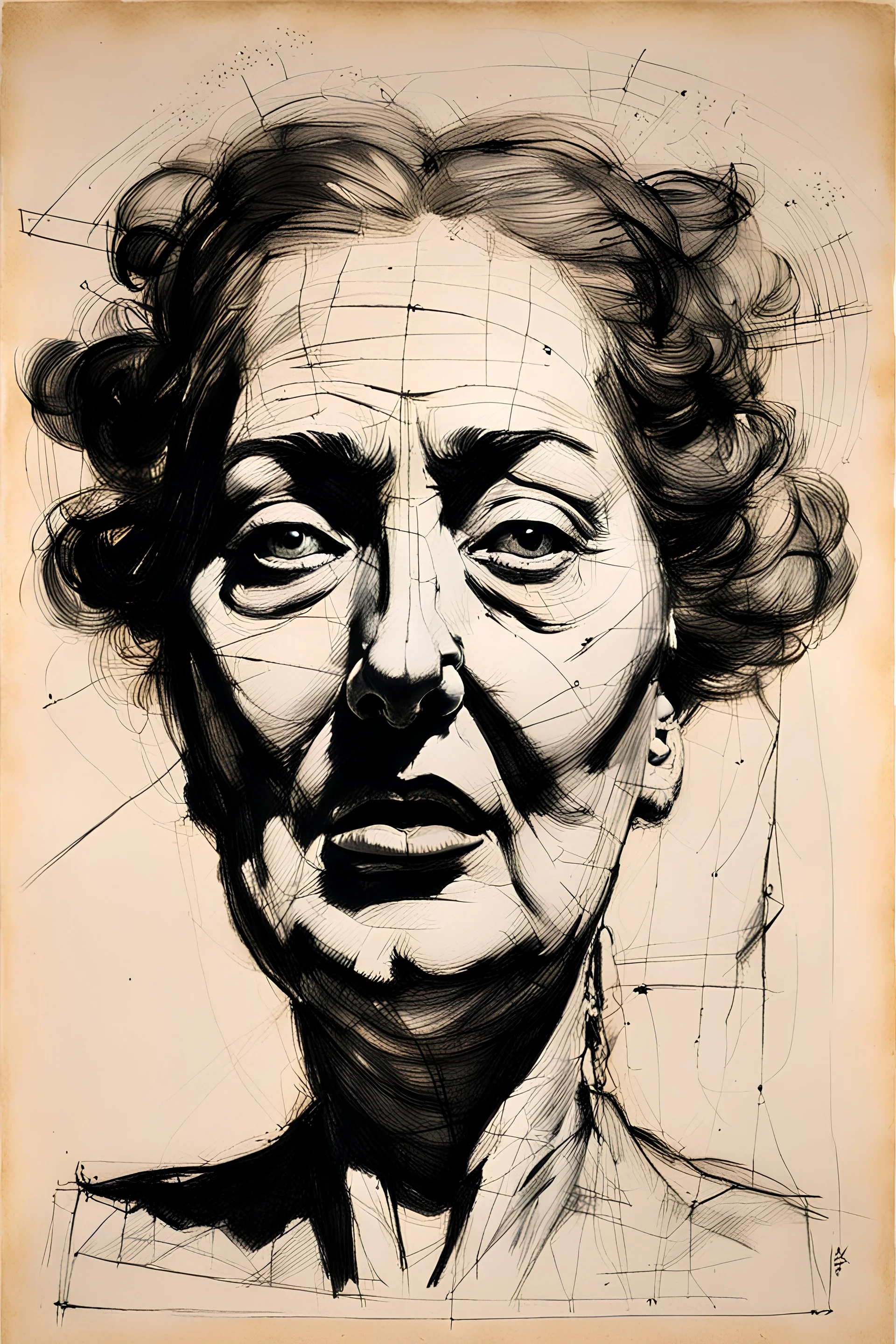 Weird face of a lying giant lady, sketchdrawing by William Kentridge
