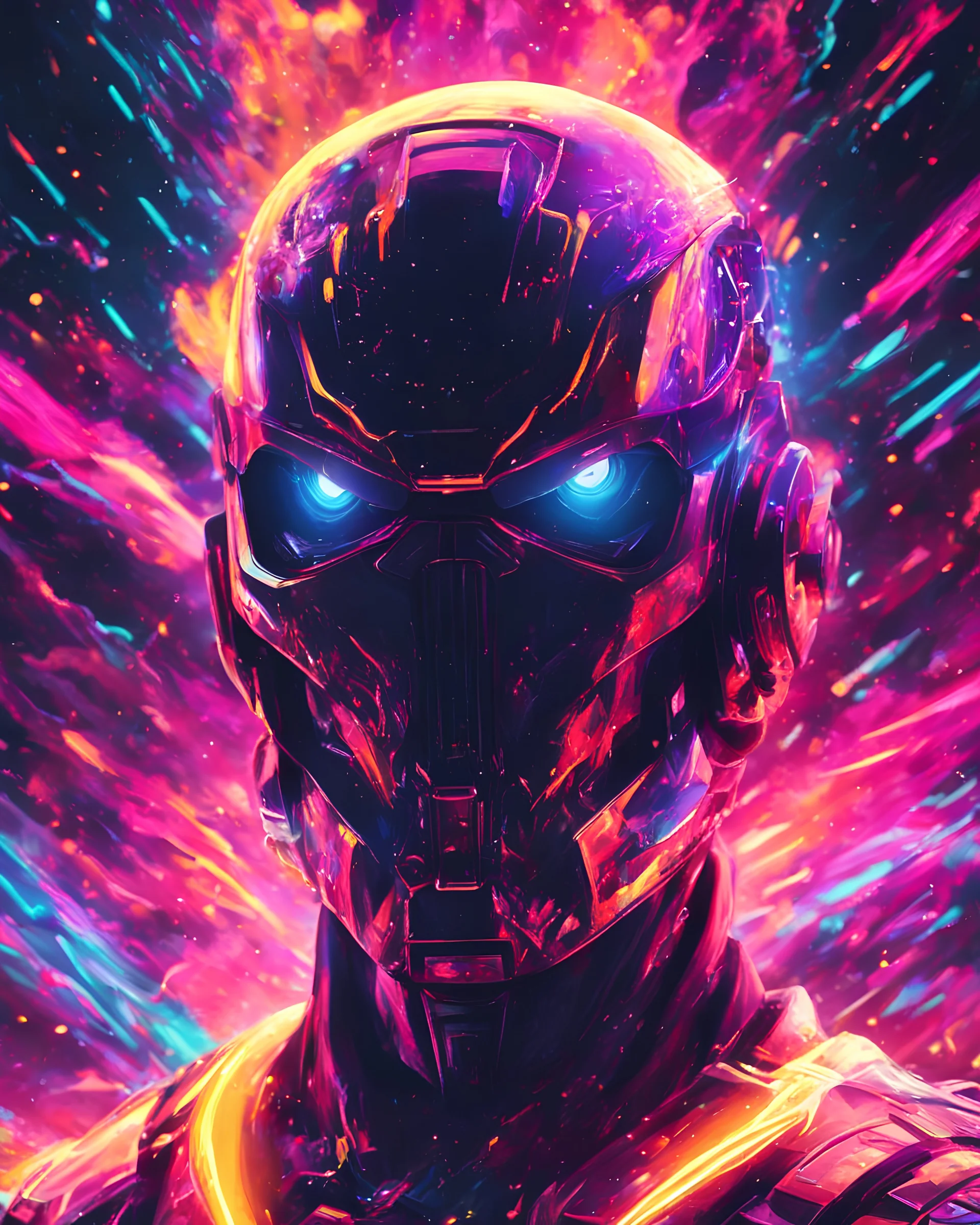 Close up shot of Doom Guy immersed in a vibrant synthwave dreamscape, neon chaos swirling energetically around pixelated forms, a dynamic fusion of retro gaming nostalgia and futuristic abstraction