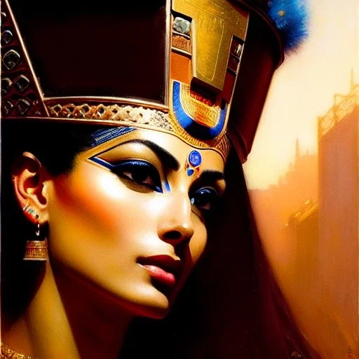 portrait beautiful face Nefertiti,busty,ancient metal armor balanciaga fashion clothe painting by gaston bussiere, greg rutkowski, yoji shinkawa, yoshitaka amano, tsutomu nihei, donato giancola, tim hildebrandt, oil on canvas, cinematic composition, extreme detail,fit full head inside picture