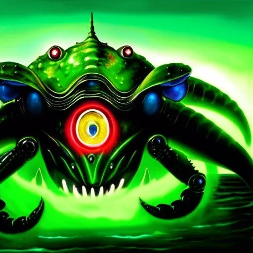 ultra detailed fullbody Drawing of Mecha Sea monster Gigantic green Alien Crab on the shore ,open mouth, with sharp teeth, with glowing red eyes,with humungus pincers, extremely detailed digital painting, intrincate, extremely detailed face,crystal clear Big eyes, in the style of Frank Frazetta, mystical colors , perfectly centered image, perfect composition, rim light, beautiful lighting, 8k, stunning scene, raytracing