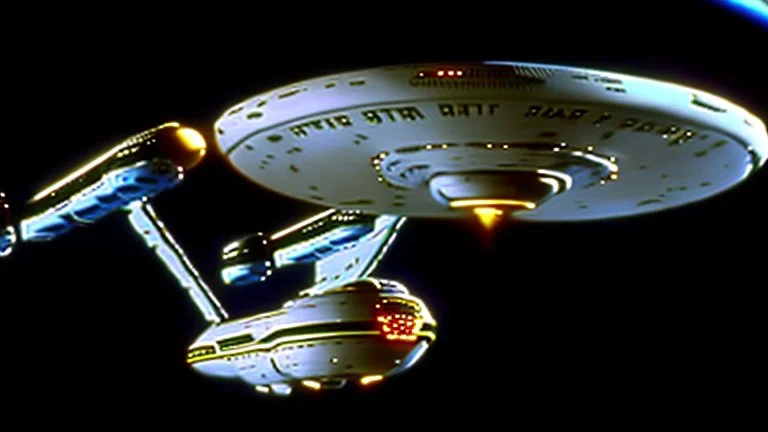 a screen capture from a star trek movie of a battle-damaged starship enterprise IN the year 2380 IS IN A BATTLE with monster ufos sci-fi meticulous, highly-polished, photorealistic, studio production, intricately detailed, GALACTIC, directed by gene Roddenberry,