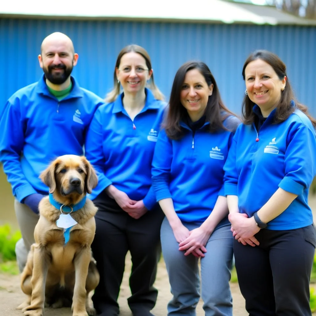 dogdaycare 4person group photo staff hands behind back