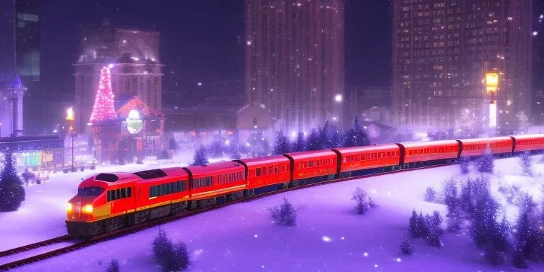 train passing downtown big city in christmas night, snow flakes, many three, Christmas decoration, Christmas light, high contrast, best quality, 8k, hight detailed, 3d, render, lumion, shooting star